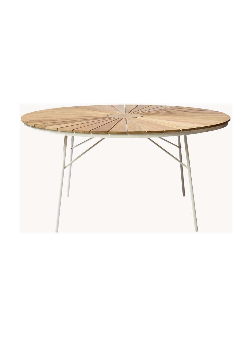 Mesa redonda para exterior con tablero de madera de teca Ellen, tamaños diferentes, Tablero: madera de teca lijada, Estructura: aluminio con pintura en p, Madera de teca, blanco, Ø 130 x Al 73 cm