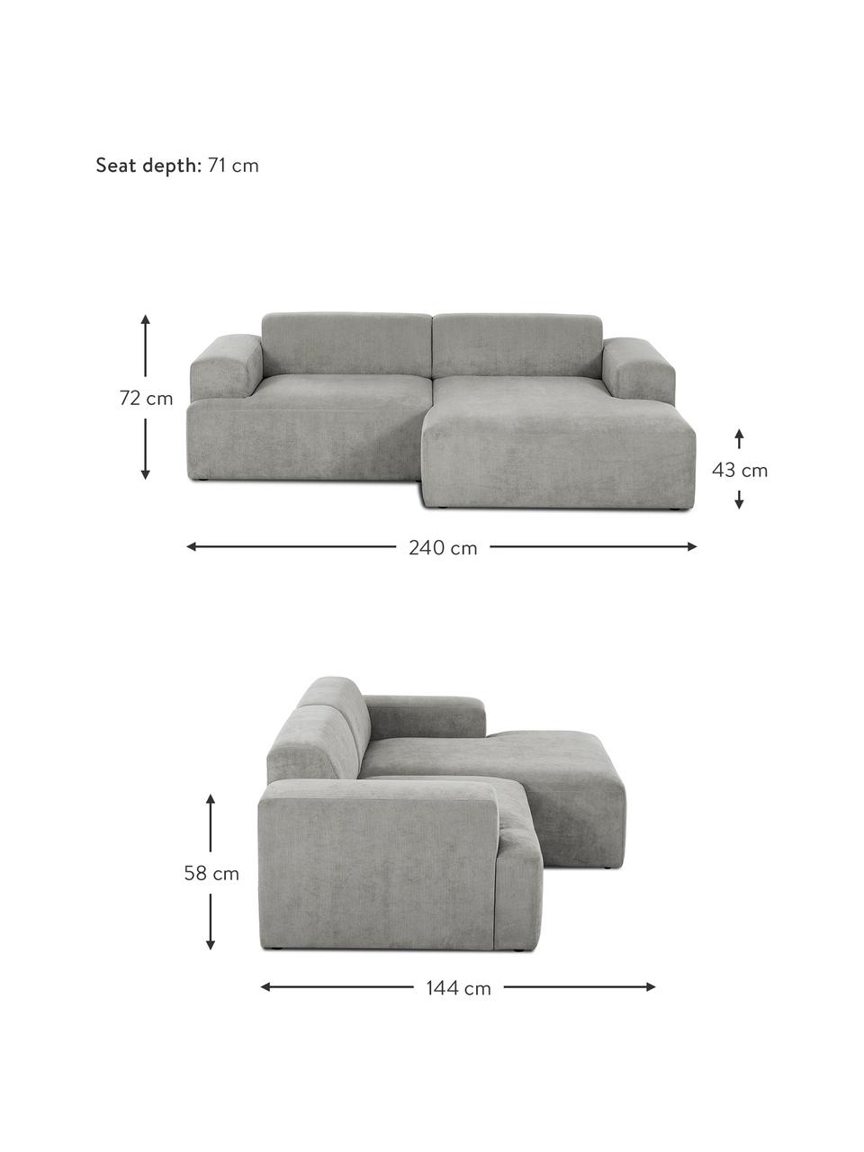 Cord-Ecksofa Melva (3-Sitzer) in Grau, Bezug: Cord (92% Polyester, 8% P, Gestell: Massives Kiefernholz, Spa, Cord Grau, B 240 x T 144 cm