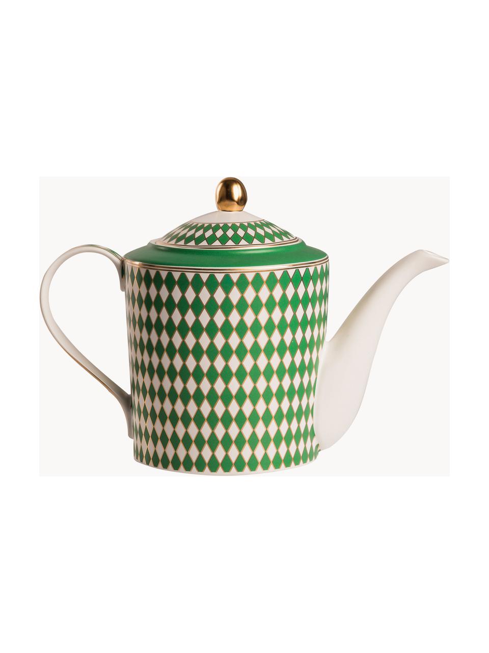 Ručne vyrobená porcelánová čajová kanvica Chess, 1.1 l, Porcelán, Zelená, lomená biela, odtiene zlatej, 1,1 l