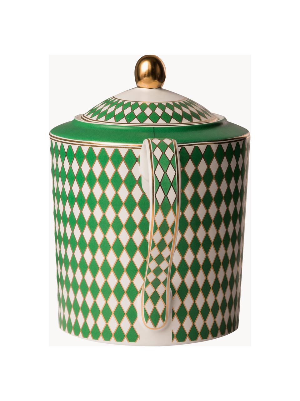 Ručně vyrobená porcelánová konvice Chess, 1,1 l, Porcelán, Zelená, tlumeně bílá, zlatá, 1,1 l