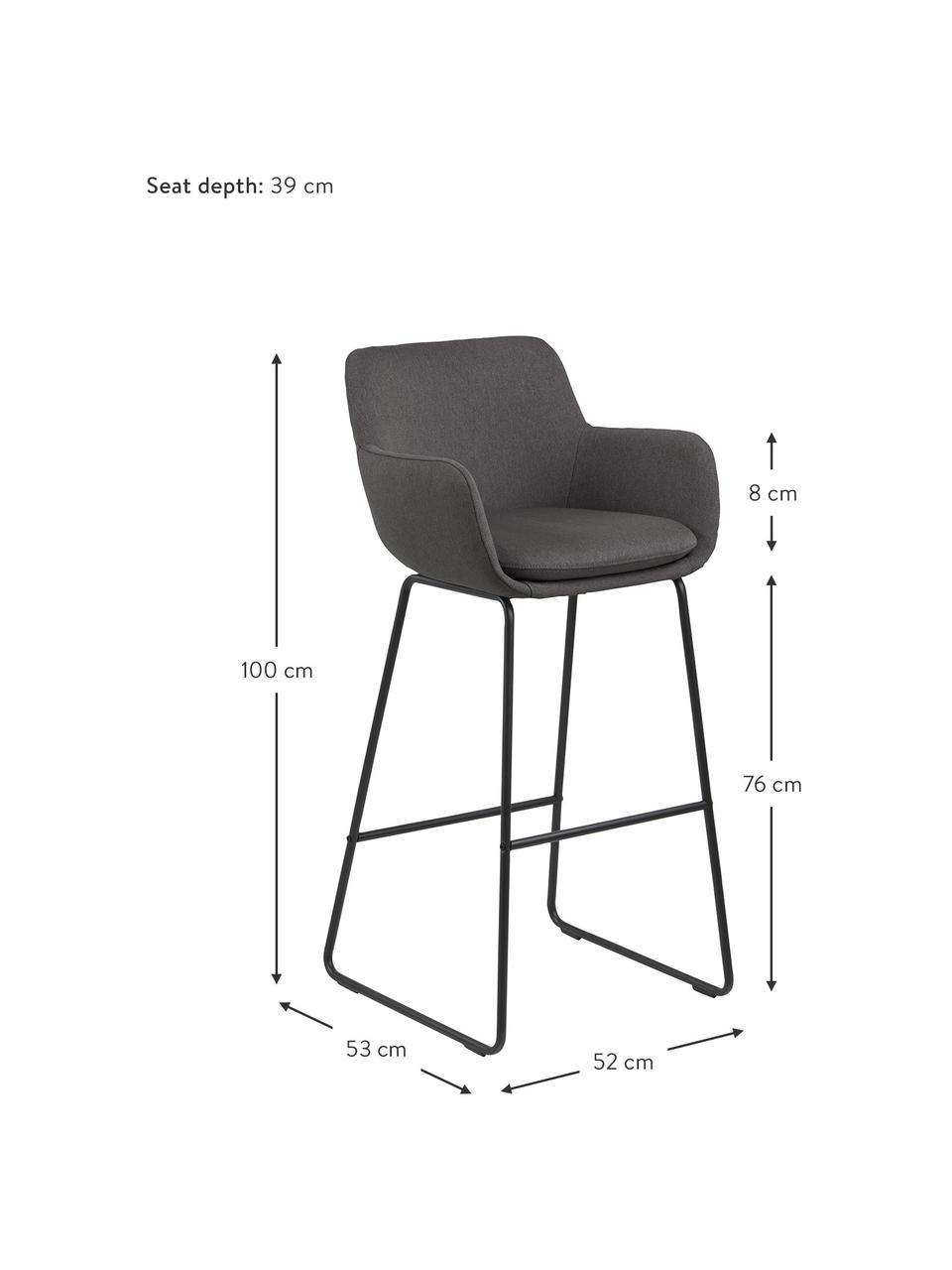 Krzesło barowe Lisa, 2 szt., Tapicerka: poliester, Stelaż: metal malowany proszkowo, Ciemny szary, czarny, S 52 x W 100 cm