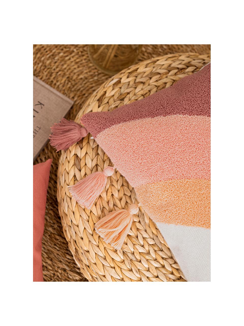 Funda de cojín texturiza con borlas Verano, estilo étnico, 60% algodón, 40% poliacrílico, Crema, melocotón, rosa, terracota, An 45 x L 45 cm