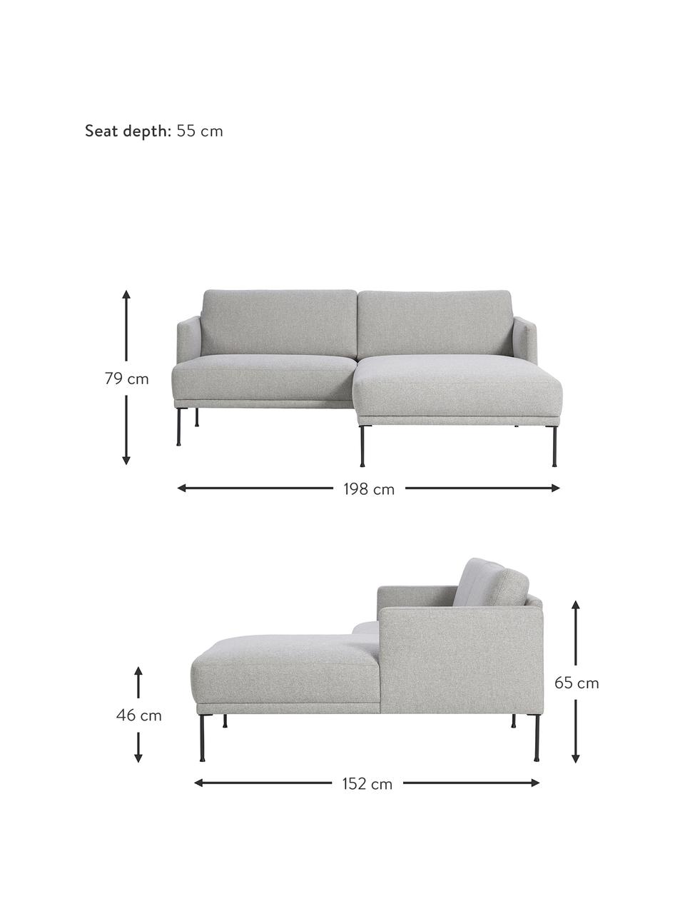 Malá rohová pohovka s kovovými nohami Fluente, Světle šedá, Š 198 cm, H 152 cm, pravé rohové provedení