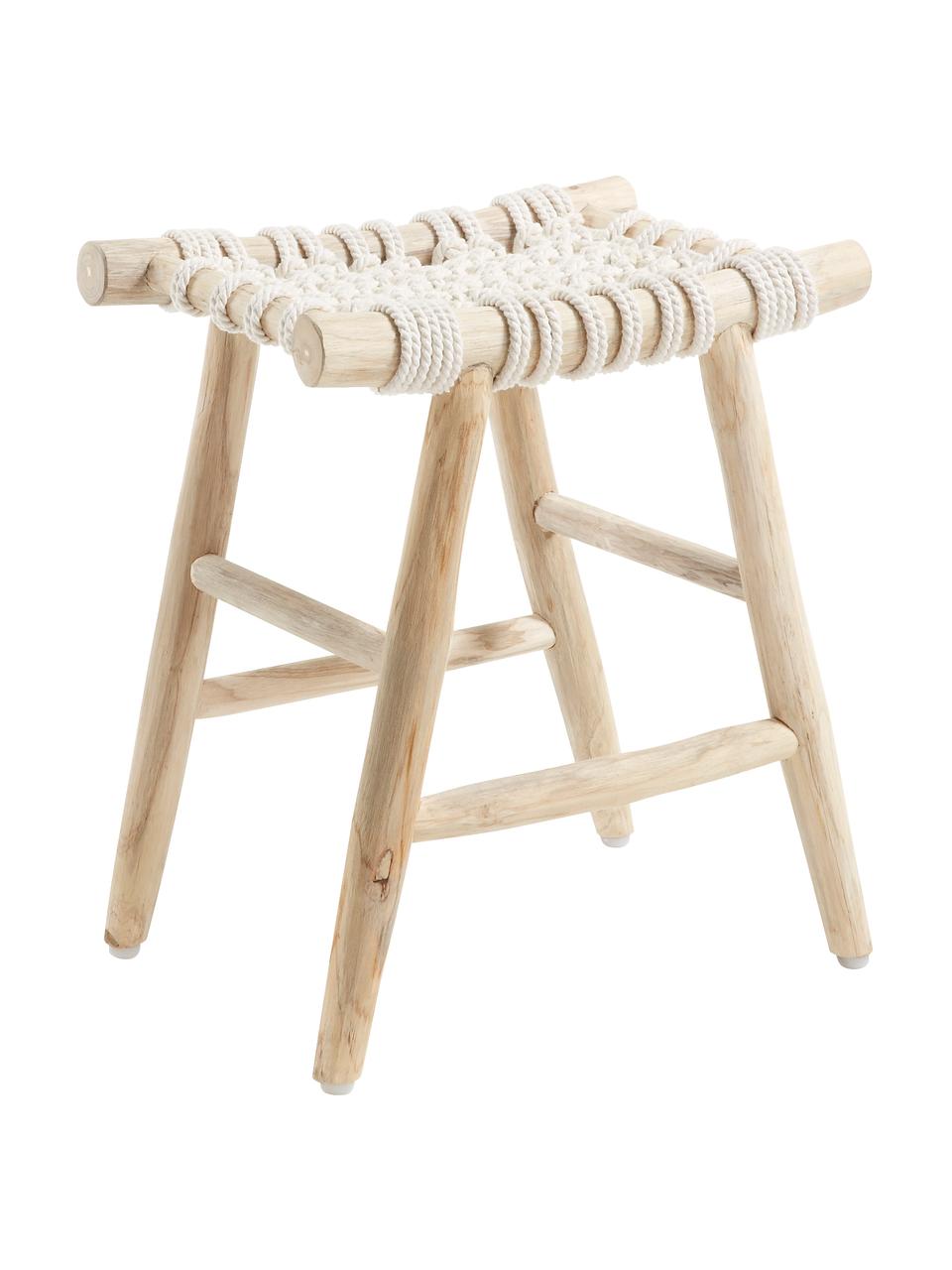 Hocker Edgard im Boho Style, Beine: Teakholz, naturbelassen, Sitzfläche: Baumwollseilgurt, Teakholz, Weiß, B 45 x H 45 cm