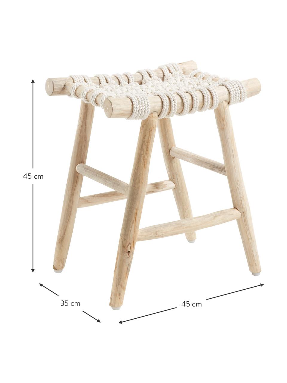 Stołek w stylu boho Edgard, Nogi: drewno tekowe, naturalne, Drewno tekowe, biały, S 45 x H 45 cm