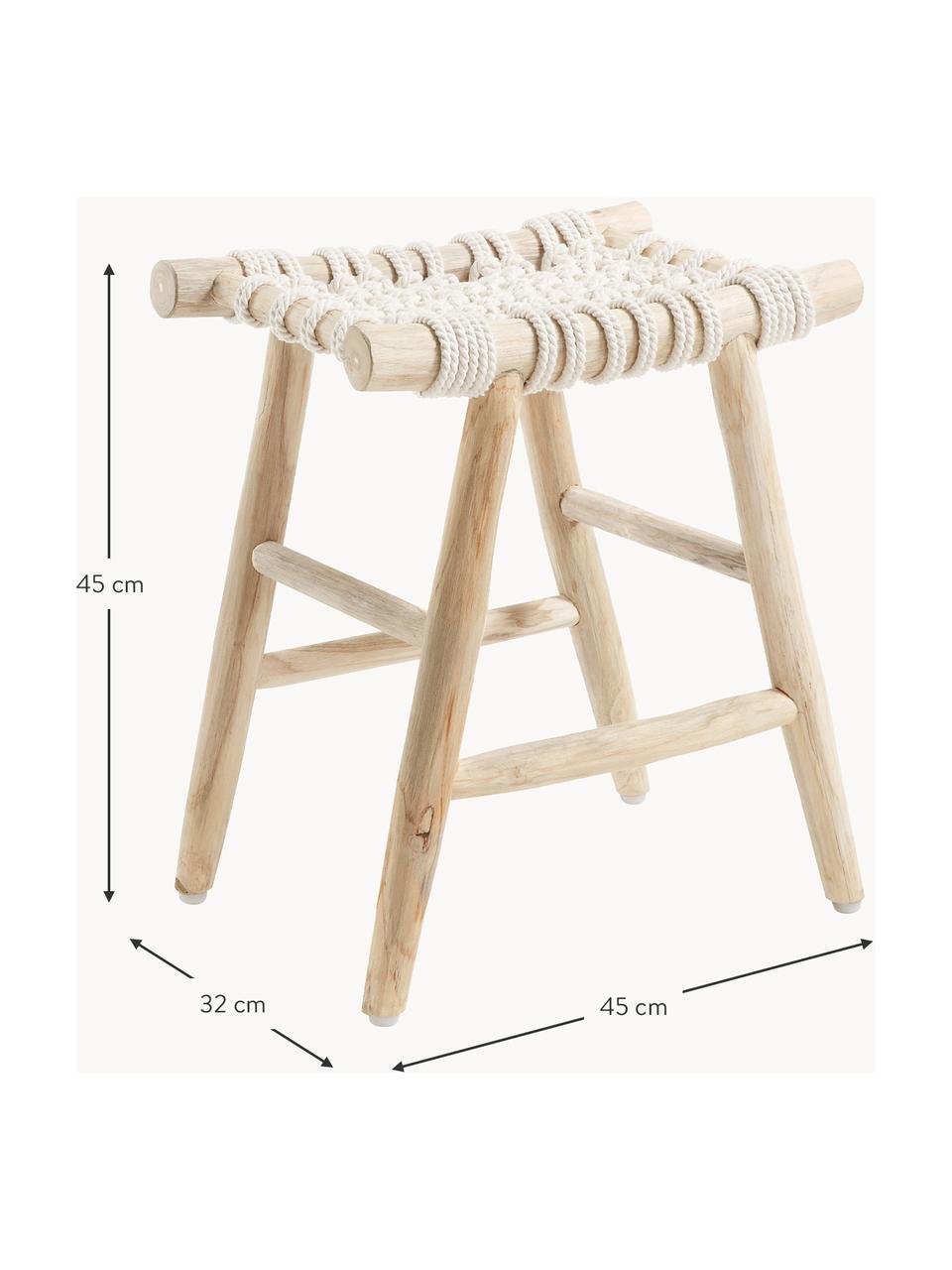 Sgabello Edgard, Gambe: legno di teak naturale, Seduta: corda di cotone, Legno di teak, bianco latte, Larg. 45 x Alt. 45 cm