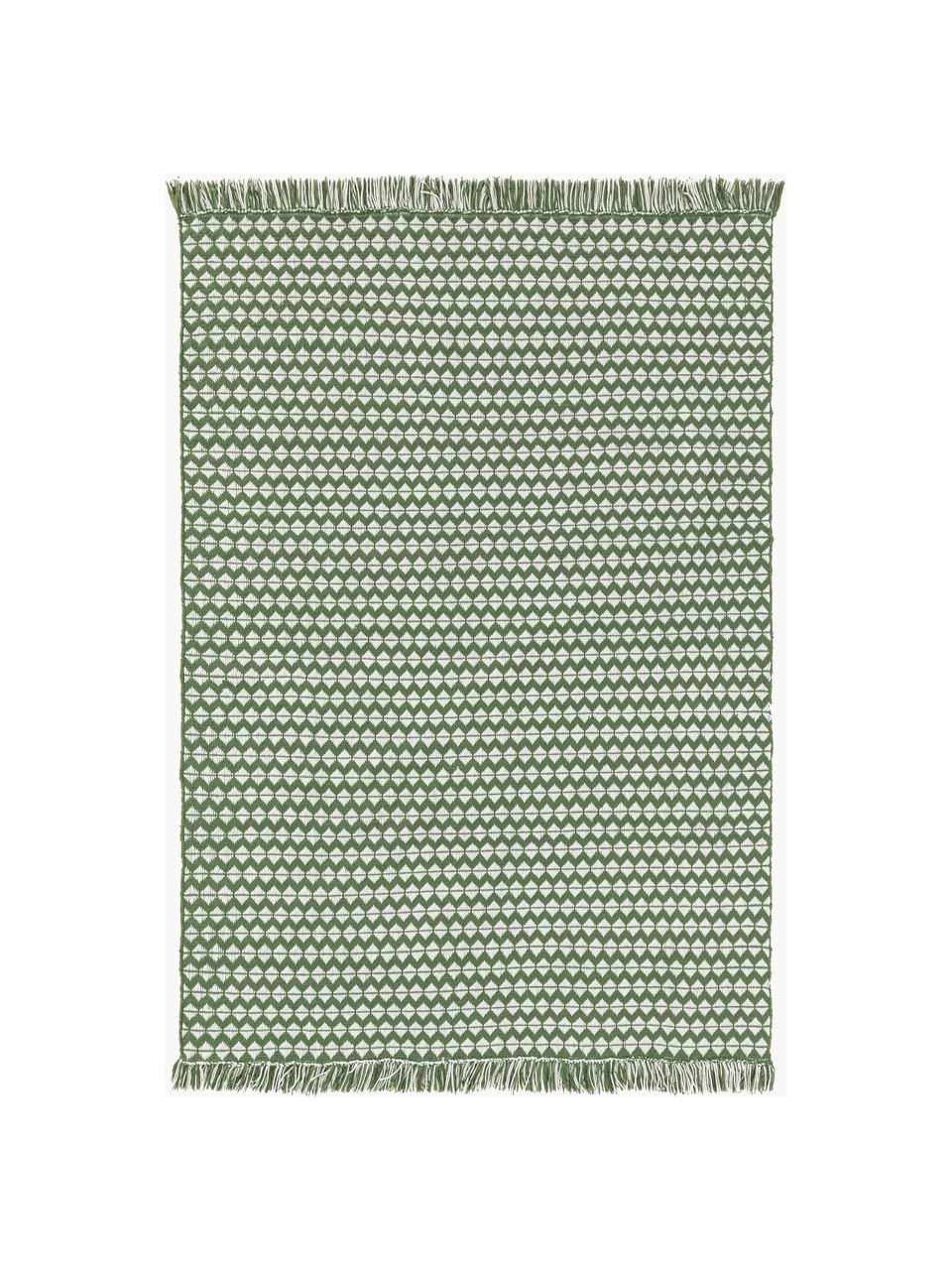 Tapis d'extérieur à franges Morty, 100 % polyester (PET recyclé), Vert foncé, blanc cassé, larg. 80 x long. 150 cm (taille XS)