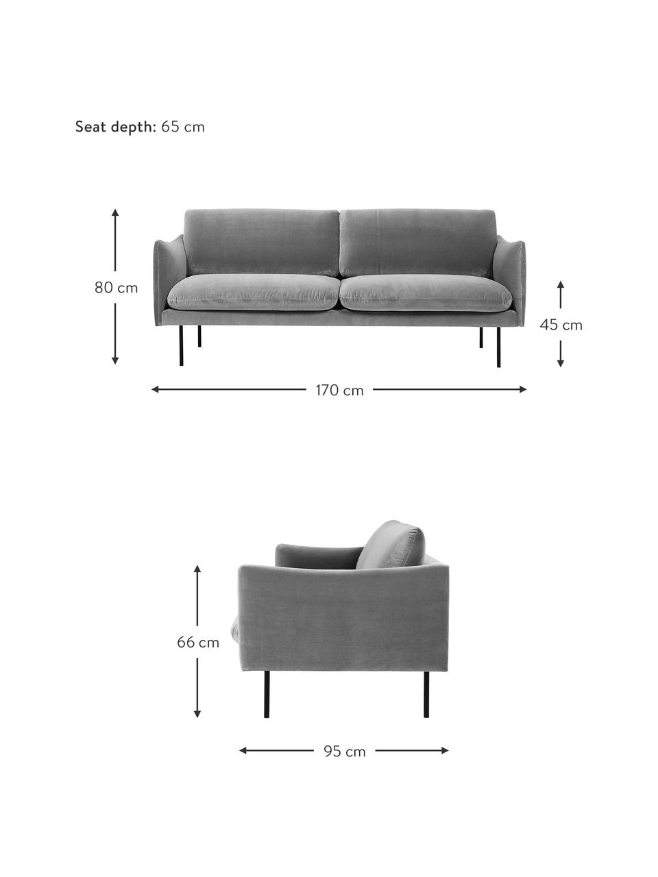 Canapé 2 places en velours et pieds en métal Moby, Velours gris, larg. 170 x prof. 95 cm