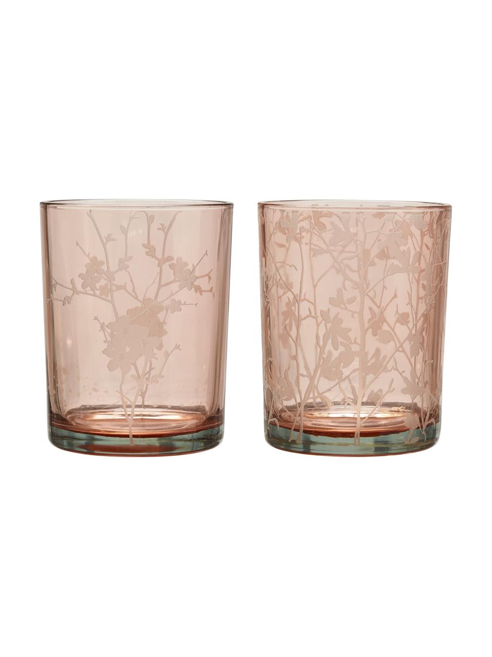 Teelichthalter-Set Flowery, 2-tlg., Glas, bedruckt, Rosa, Je Ø 10 x H 12 cm