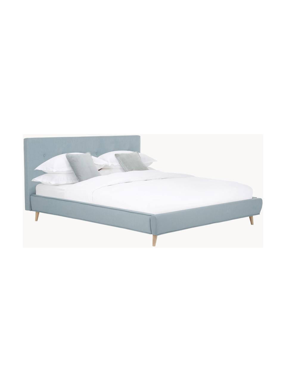 Gestoffeerd bed Moon met houten poten, Bekleding: polyester (gestructureerd, Frame: massief grenenhout, FSC-g, Poten: massief eikenhout, Geweven stof grijsblauw, B 140 x L 200 cm