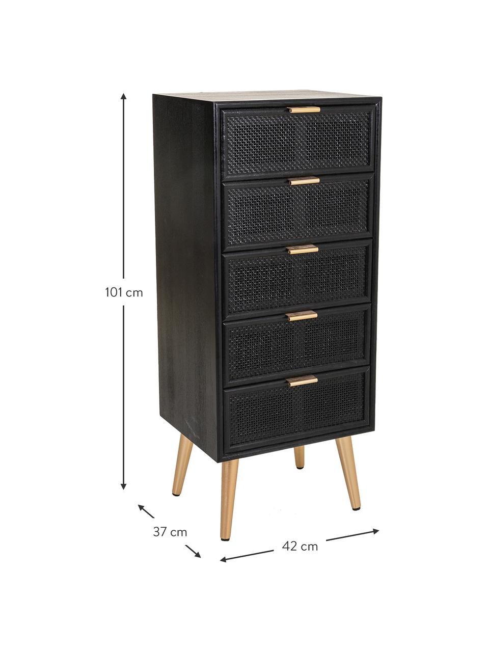 Ladekast Cayetana van hout, Frame: gelakt MDF, Poten: bamboehout, gelakt, Handvatten: gelakt metaal, Zwart, hout, B 42 cm x H 101 cm