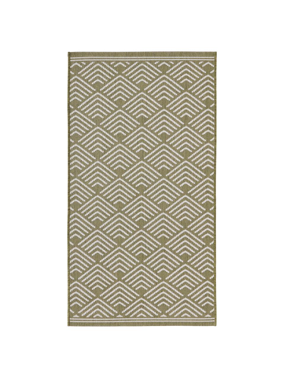 Tappeto da interno-esterno con motivo grafico Milano, Verde oliva, bianco, Larg. 80 x Lung. 150 cm (taglia XS)