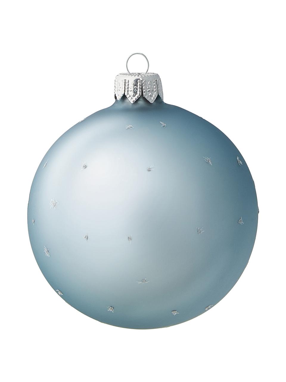 Bolas de Navidad sopladas artesanalmente Snow, 6 uds., Vidrio, Azul, blanco, plateado, Ø 8 cm