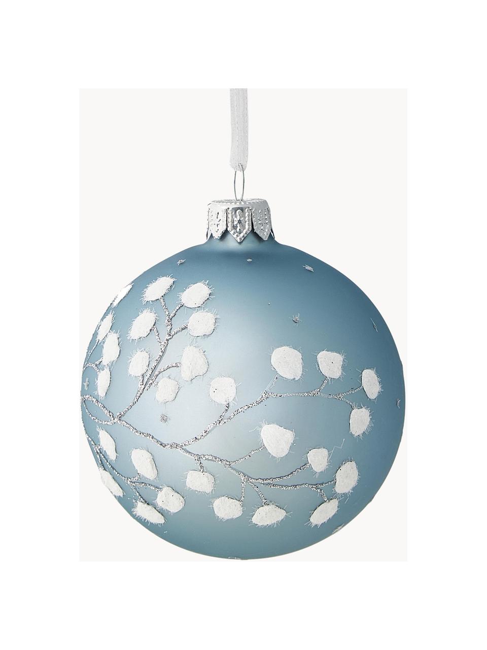 Boules de Noël soufflées bouche Snow, 6 pièces, Verre, Bleu, blanc, argenté, Ø 8 cm