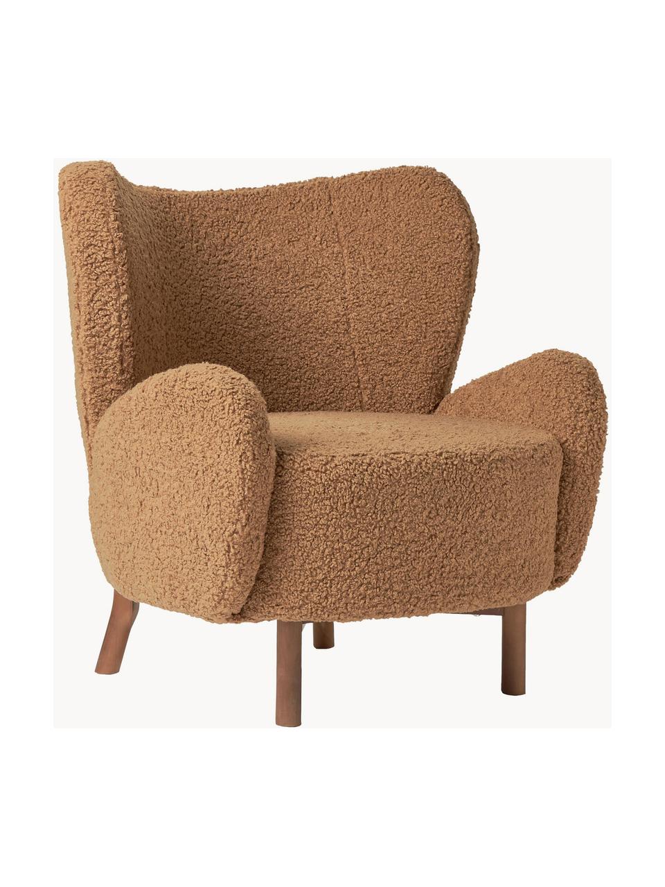 Fauteuil à oreilles en tissu peluche Kalia, Tissu peluche brun clair, bois de hêtre foncé, larg. 78 x prof. 80 cm