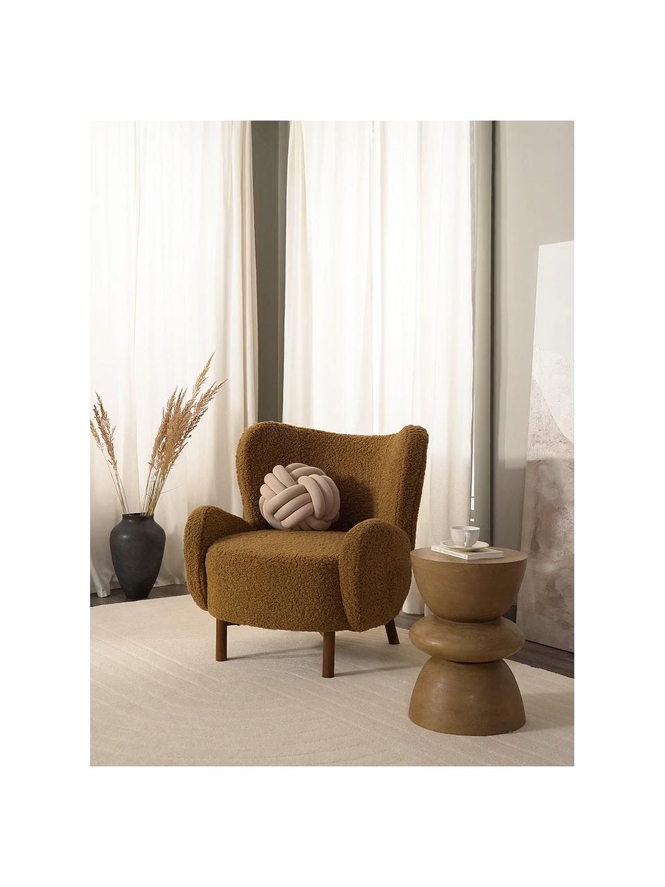 Fauteuil à oreilles en tissu peluche Kalia, Tissu peluche brun clair, bois de hêtre foncé, larg. 78 x prof. 80 cm