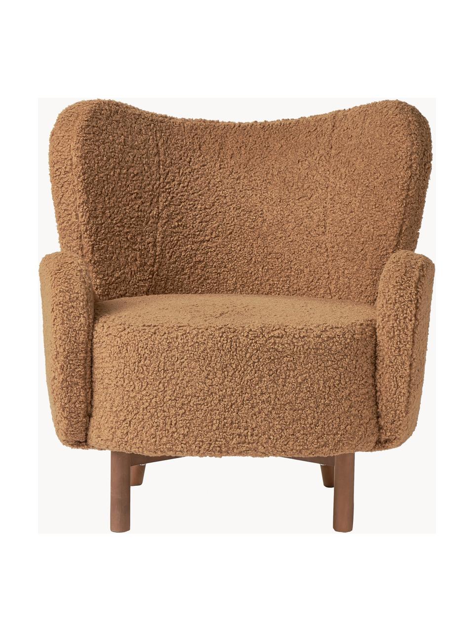 Fauteuil à oreilles en tissu peluche Kalia, Tissu peluche brun clair, bois de hêtre foncé, larg. 78 x prof. 80 cm