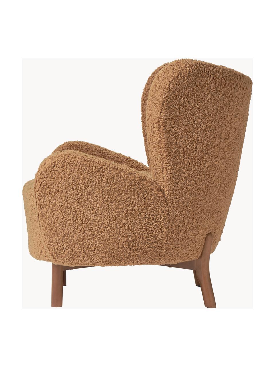 Poltroncina in teddy Kalia, Rivestimento: teddy (100% poliestere) I, Gambe: legno di faggio, Struttura: metallo, Teddy marrone chiaro, legno di faggio scuro, Larg. 78 x Prof. 80 cm