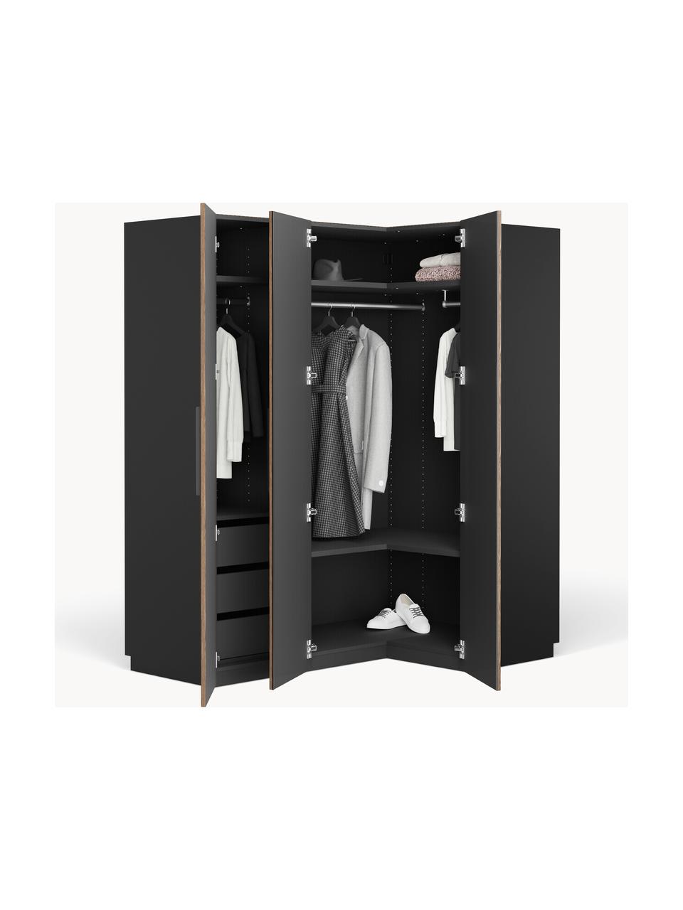 Armoire d'angle modulaire Simone, larg. 165 cm, plusieurs variantes, Aspect bois de noyer, noir, Premium Interior : larg. 165 x haut. 236 cm, avec module d'angle