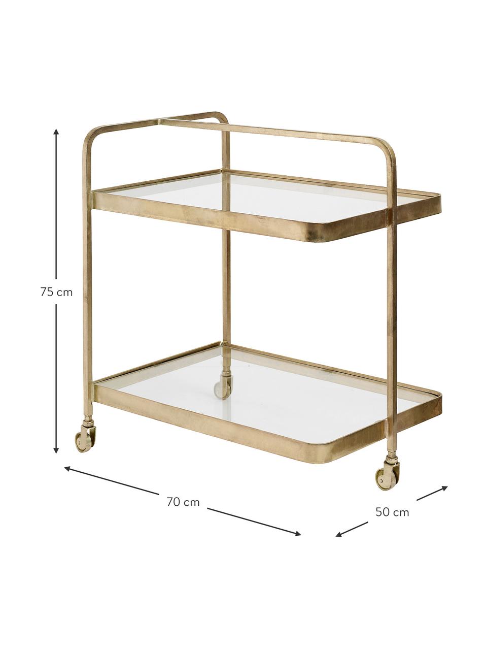 Carrello da portata in vetro con finitura in oro antico Troy, Struttura: metallo ottonato, Ripiani: vetro, Oro, Larg. 70 x Alt. 75 cm