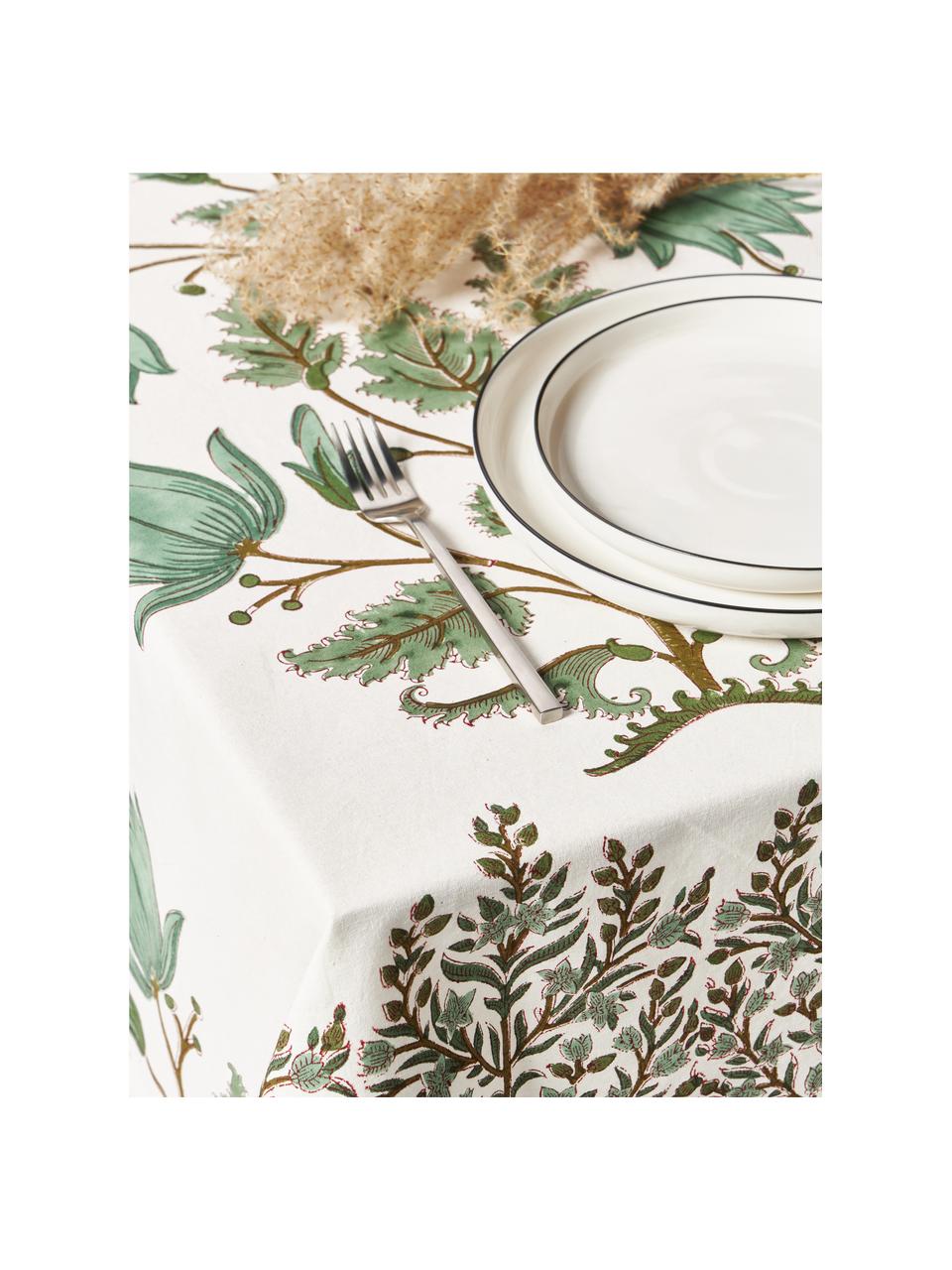 Nappe en coton avec motif à fleurs Flora, 100 % coton, Vert olive, brun, blanc cassé, 8-10 personnes (larg. 170 cm x long. 300)