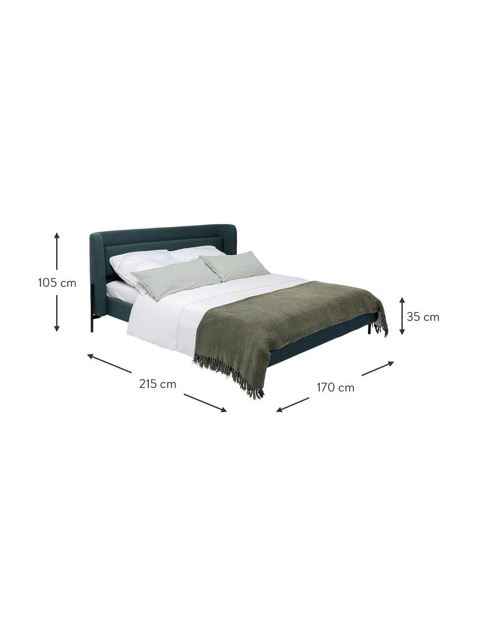 Gestoffeerd bed Tivoli in petrol, Frame: massief eucalyptushout en, Bekleding: 100% polyester, Poten: gepoedercoat staal, Geweven stof groen, 160 x 200 cm