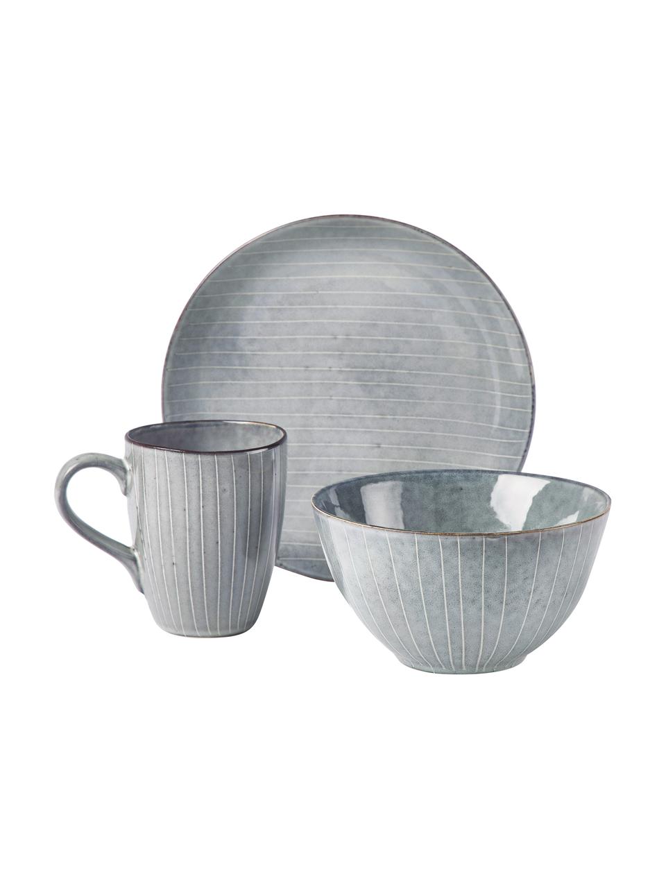 Handgemachtes Frühstücks-Set Nordic Sea, 4 Personen (12er-Set), Steingut, Graublau, Set mit verschiedenen Größen