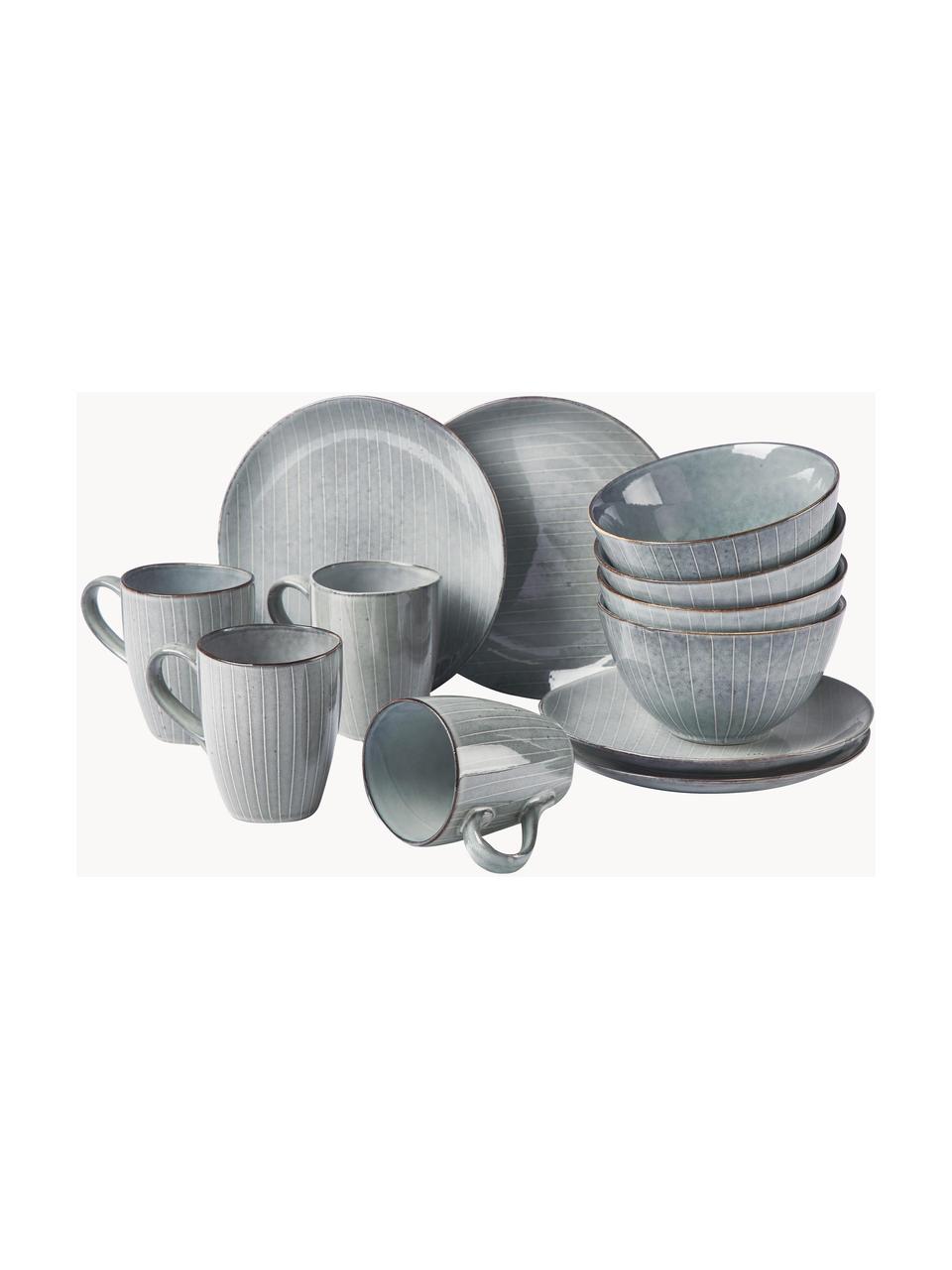 Set de desayuno artesanal Nordic Sea, 4 comensales (12 pzas.), Cerámica de gres, Gris azulado jaspeado, 4 comensales (12 pzas.)