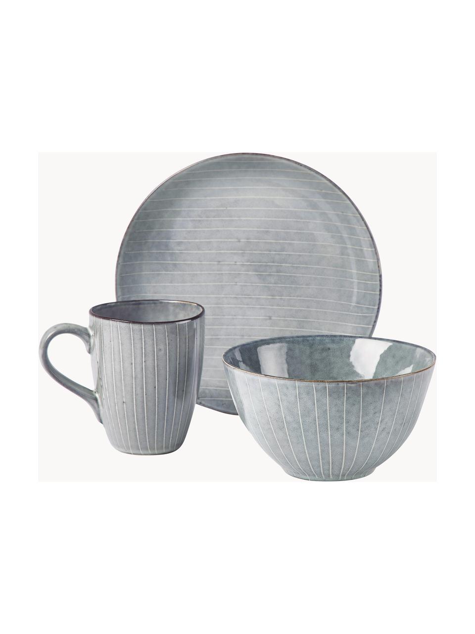 Set de desayuno artesanal Nordic Sea, 4 comensales (12 pzas.), Cerámica de gres, Gris azulado jaspeado, 4 comensales (12 pzas.)