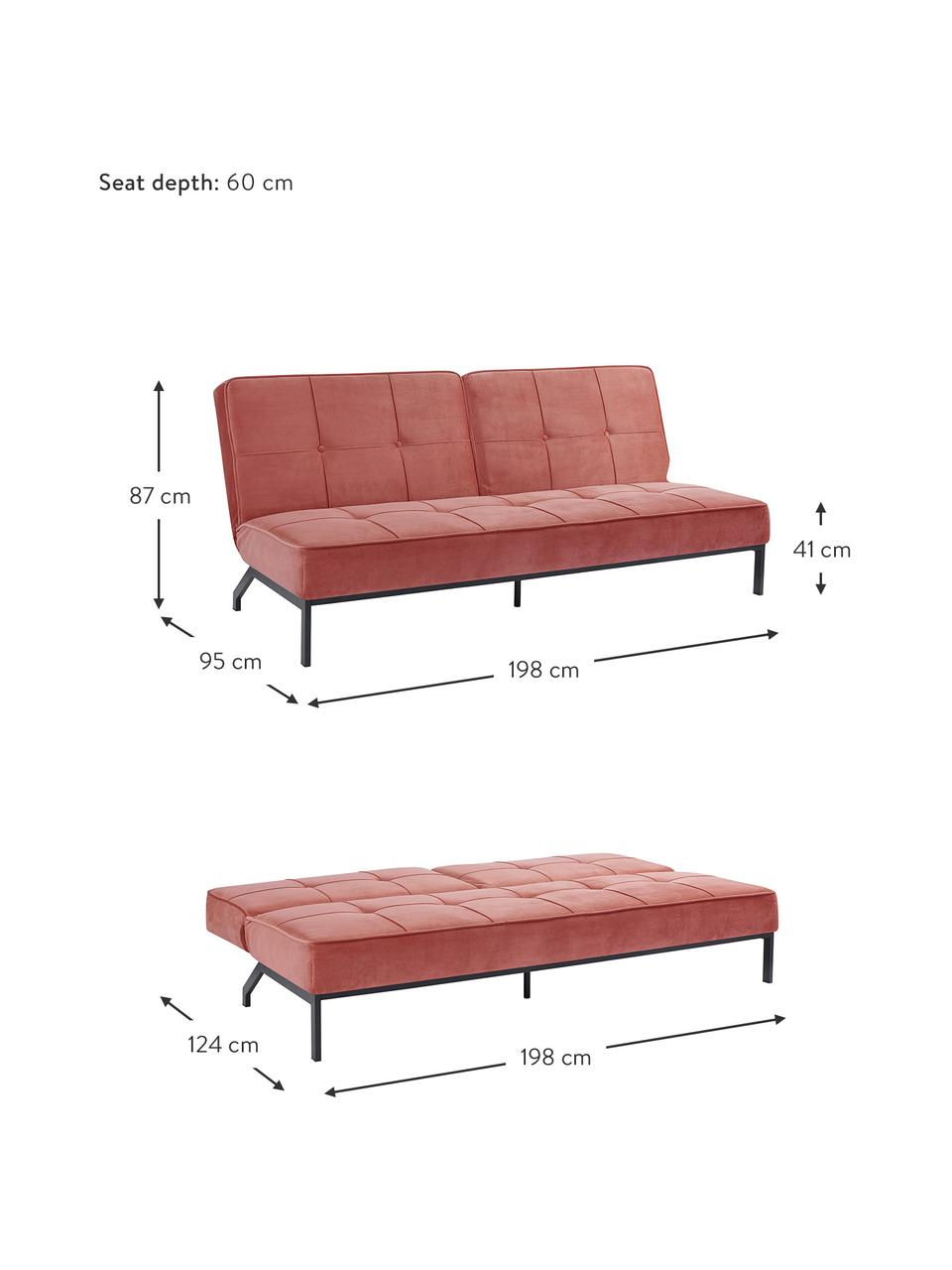 Samt-Schlafsofa Perugia in Korallorange mit Metall-Füßen, ausklappbar, Bezug: Polyester Der hochwertige, Füße: Metall, lackiert, Samt Korallorange, B 198 x T 95 cm