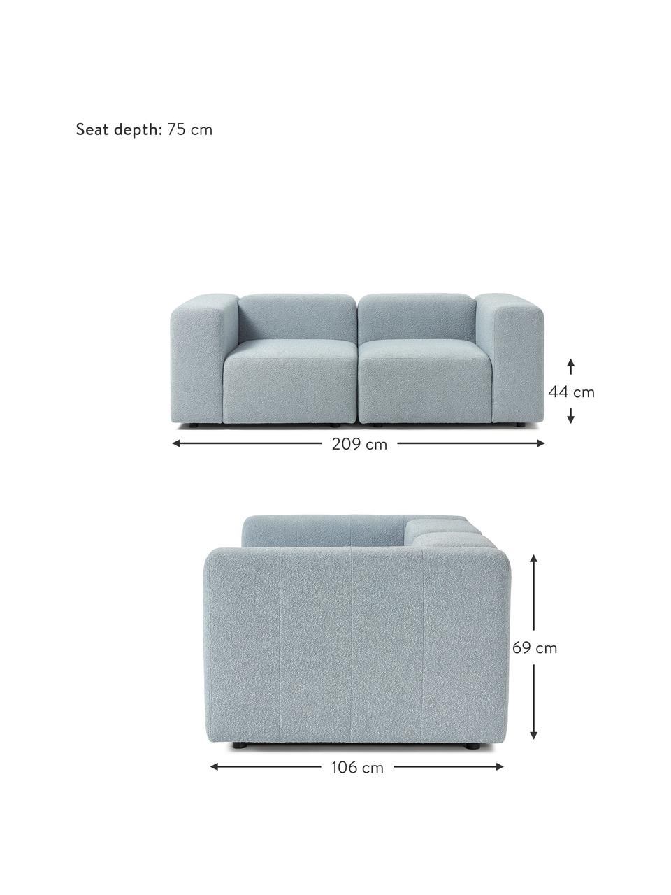 Modulaire bouclé bank Lena (3-zits), Bekleding: bouclé (93% polyester, 6%, Frame: grenenhout, multiplex, ha, Poten: kunststof, Bouclé lichtblauw, B 209 x D 106 cm
