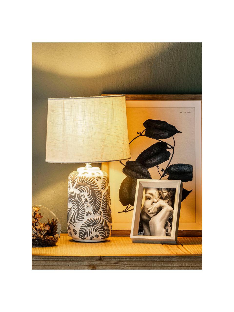 Keramik-Tischlampe Folk, Lampenschirm: Textil, Lampenfuß: Keramik, Weiß, Grau, Ø 23 x H 38 cm