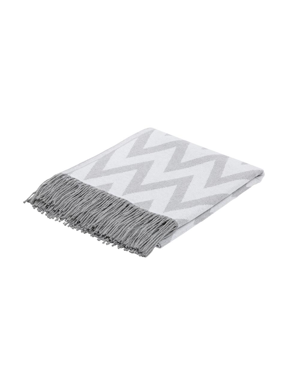 Plaid coton gris zigzag Ella, 100 % coton, Gris, gris clair, larg. 140 x long. 170 cm