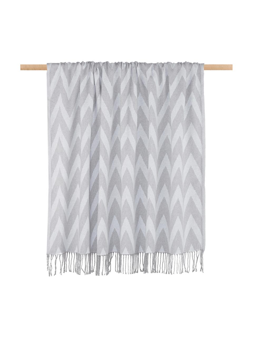 Plaid coton gris zigzag Ella, 100 % coton, Gris, gris clair, larg. 140 x long. 170 cm