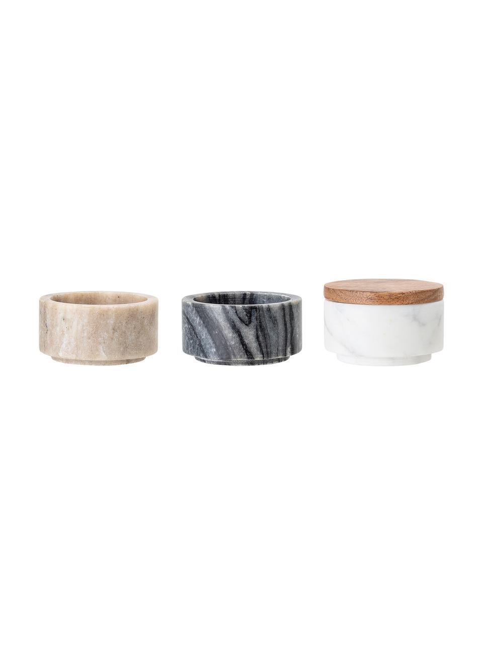 Set de botes artesanales de mármol Gatherings, 3 pzas., Botes: mármol, Mármol marrón, gris y blanco, madera de acacia, Ø 8 x Al 12 cm, cada uno 85 ml