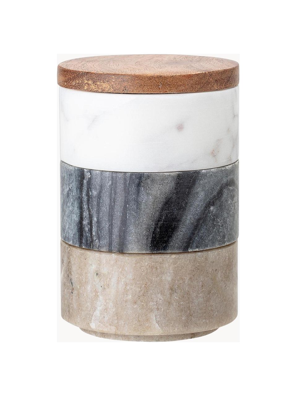 Set 3 piccoli barattoli in marmo Gatherings, Contenitori: marmo, Coperchio: legno d'acacia, Multicolore, Ø 8 x Alt. 12 cm, 85 ml ciascuno