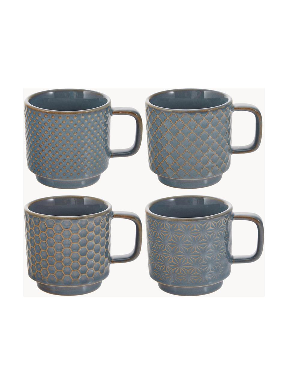 Espresso kopjes met patroon Lara, set van 4, Keramiek, Blauwgrijs, bruin, Ø 6 x H 6 cm, 120 ml