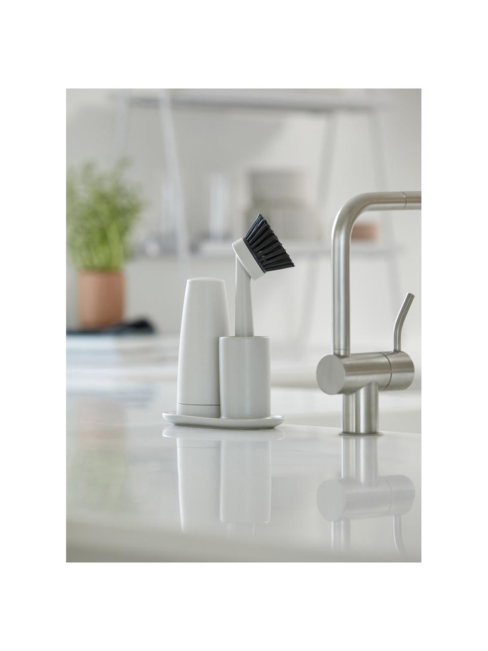 Set dispenser di detersivo con spazzola Plain 3 pz, Ceramica, silicone, materiale sintetico (ABS), Grigio chiaro, Larg. 15 x Alt. 22 cm