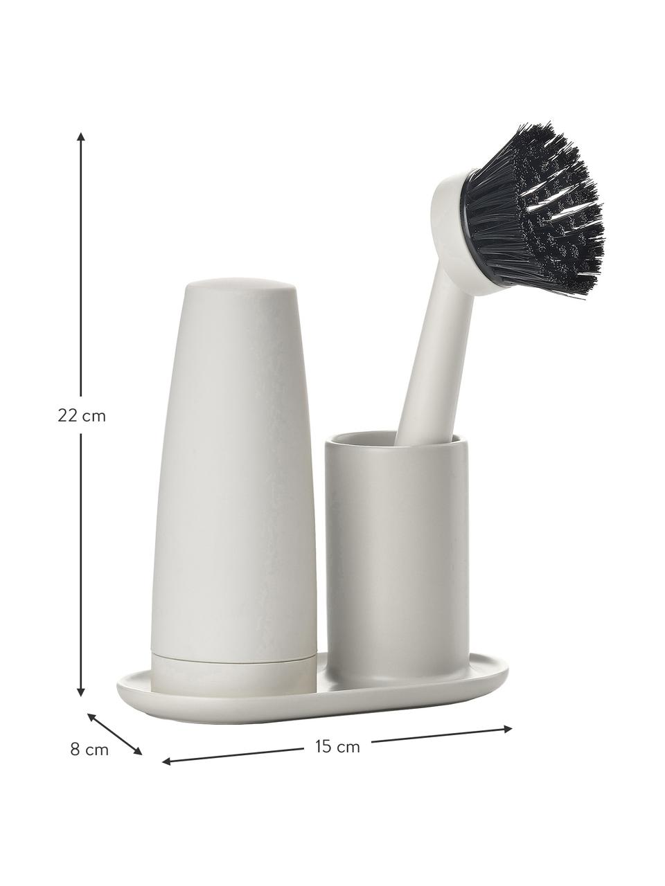 Distributeur de détergent avec brosse à vaisselle Plain, 3 élém., Céramique, silicone, plastique (ABS), Gris clair, larg. 15 x haut. 22 cm