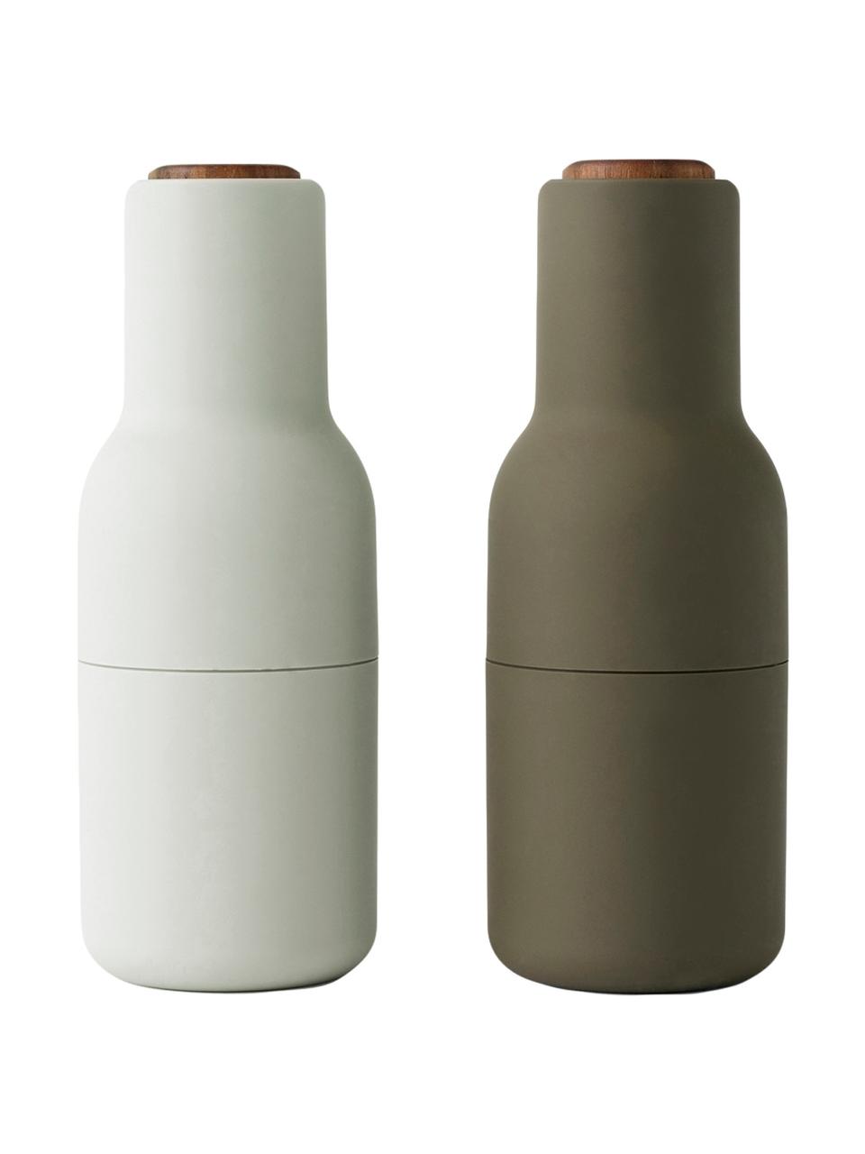 Salero y pimentero de diseño Bottle Grinder, 2 uds., Estructura: plástico, Grinder: cerámica, Verde oscuro, beige, madera de nogal, Ø 8 x Al 21 cm