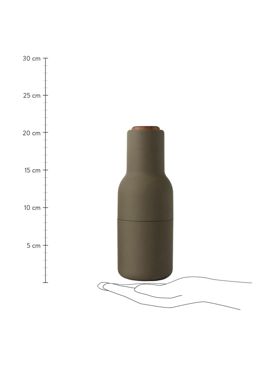 Salero y pimentero de diseño Bottle Grinder, 2 uds., Estructura: plástico, Grinder: cerámica, Verde oscuro, beige, madera de nogal, Ø 8 x Al 21 cm