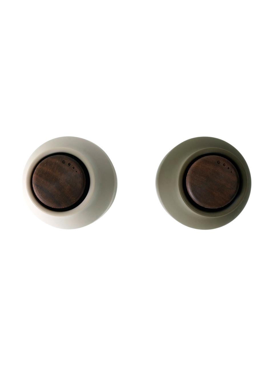 Sada designových mlýnků na sůl a pepř s víčkem z ořechového dřeva Bottle Grinder, 2 díly, Tmavě zelená, béžová, ořechové dřevo, Ø 8 cm, V 21 cm