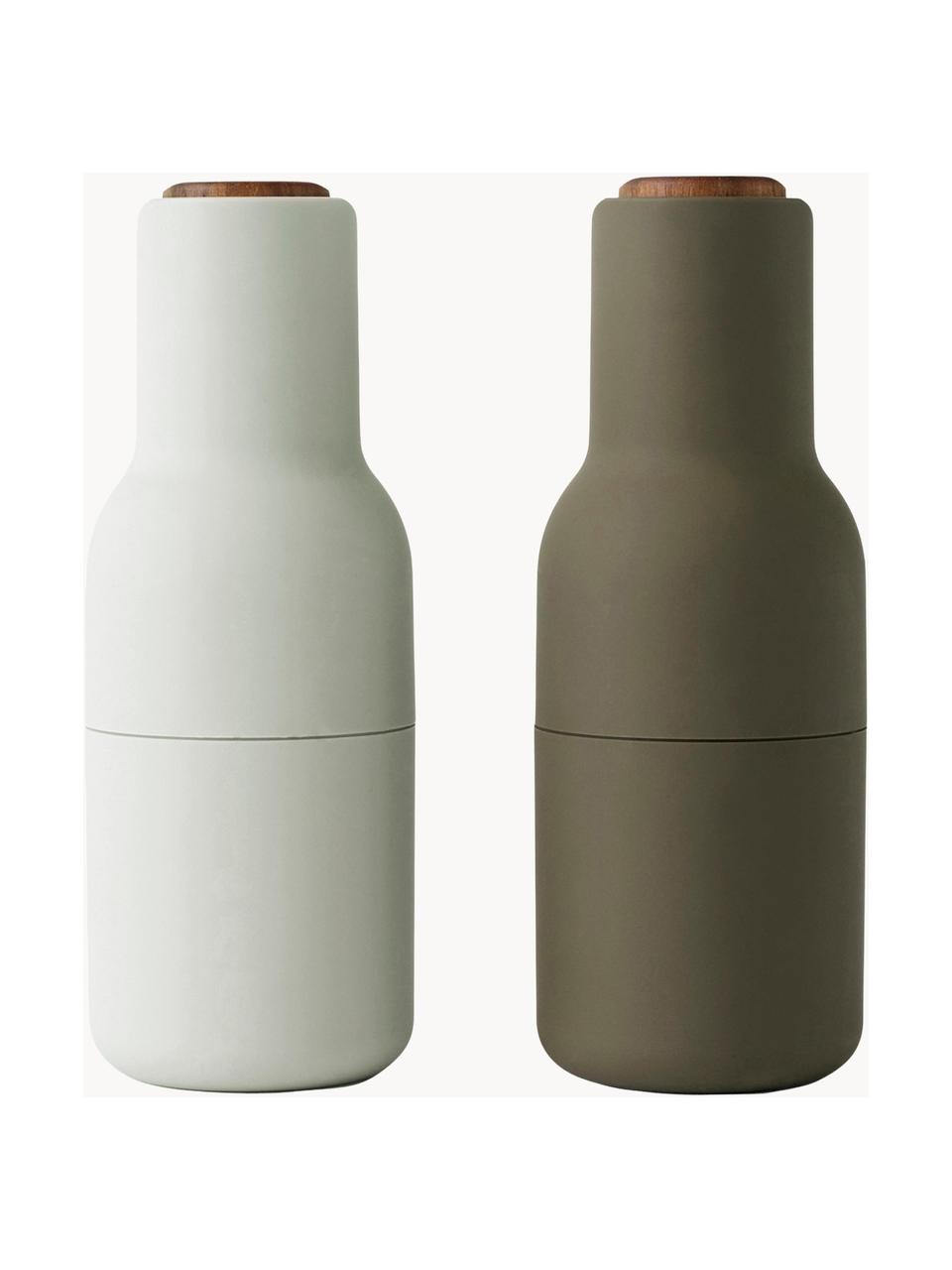 Sada designových mlýnků na sůl a pepř s víčkem z ořechového dřeva Bottle Grinder, 2 díly, Tlumeně bílá, olivově zelená, ořechové dřevo, Ø 8 cm, V 21 cm