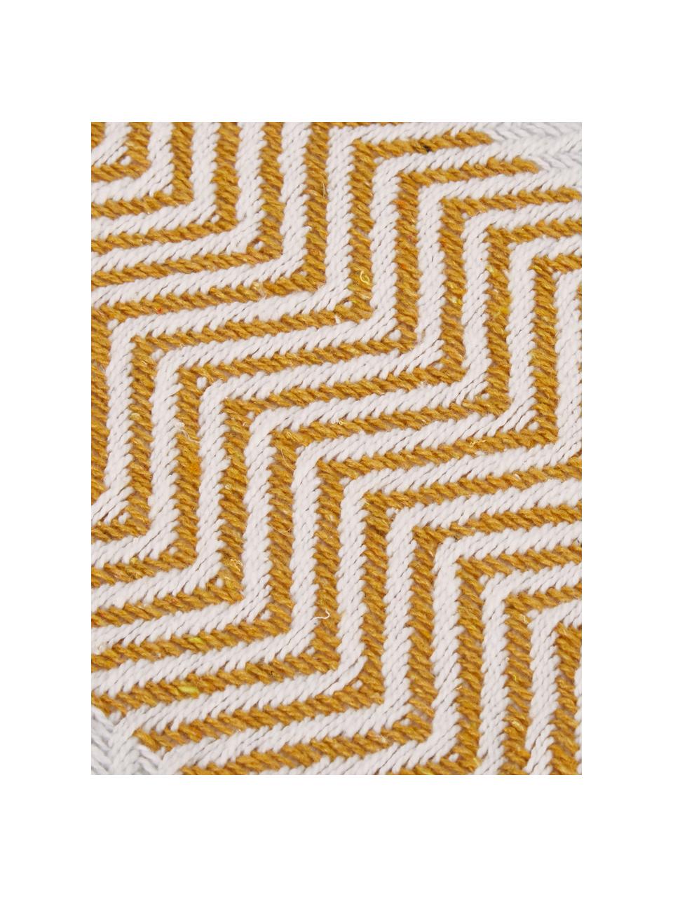 Katoenen plaid Pom Pom met strepen patroon in wit/geel, 100% katoen, Gebroken wit, honinggeel, 130 x 170 cm