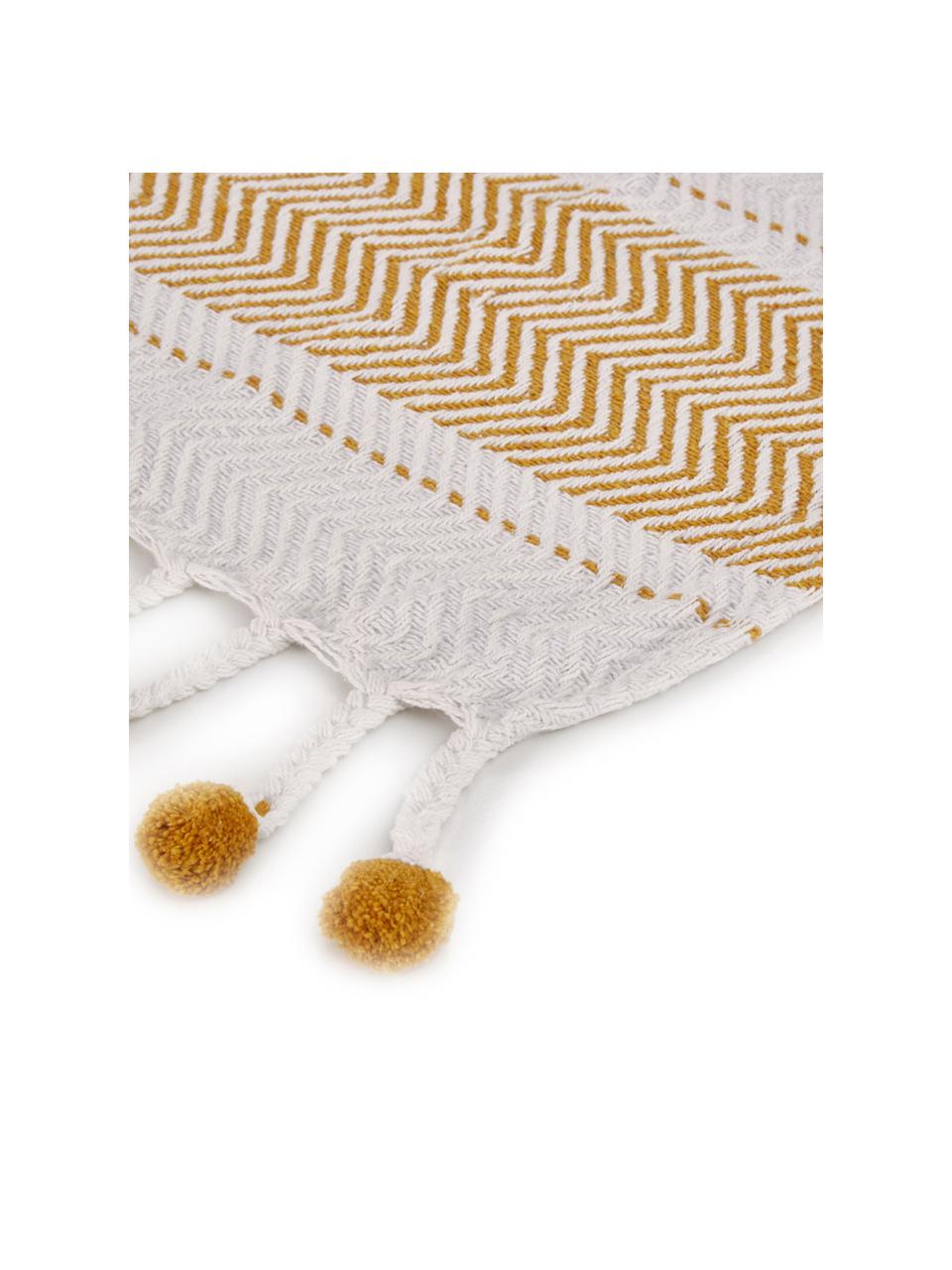 Plaid in cotone con motivo a righe Pom Pom, 100% cotone, Bianco latteo, giallo miele, Larg. 130 x Lung. 170 cm