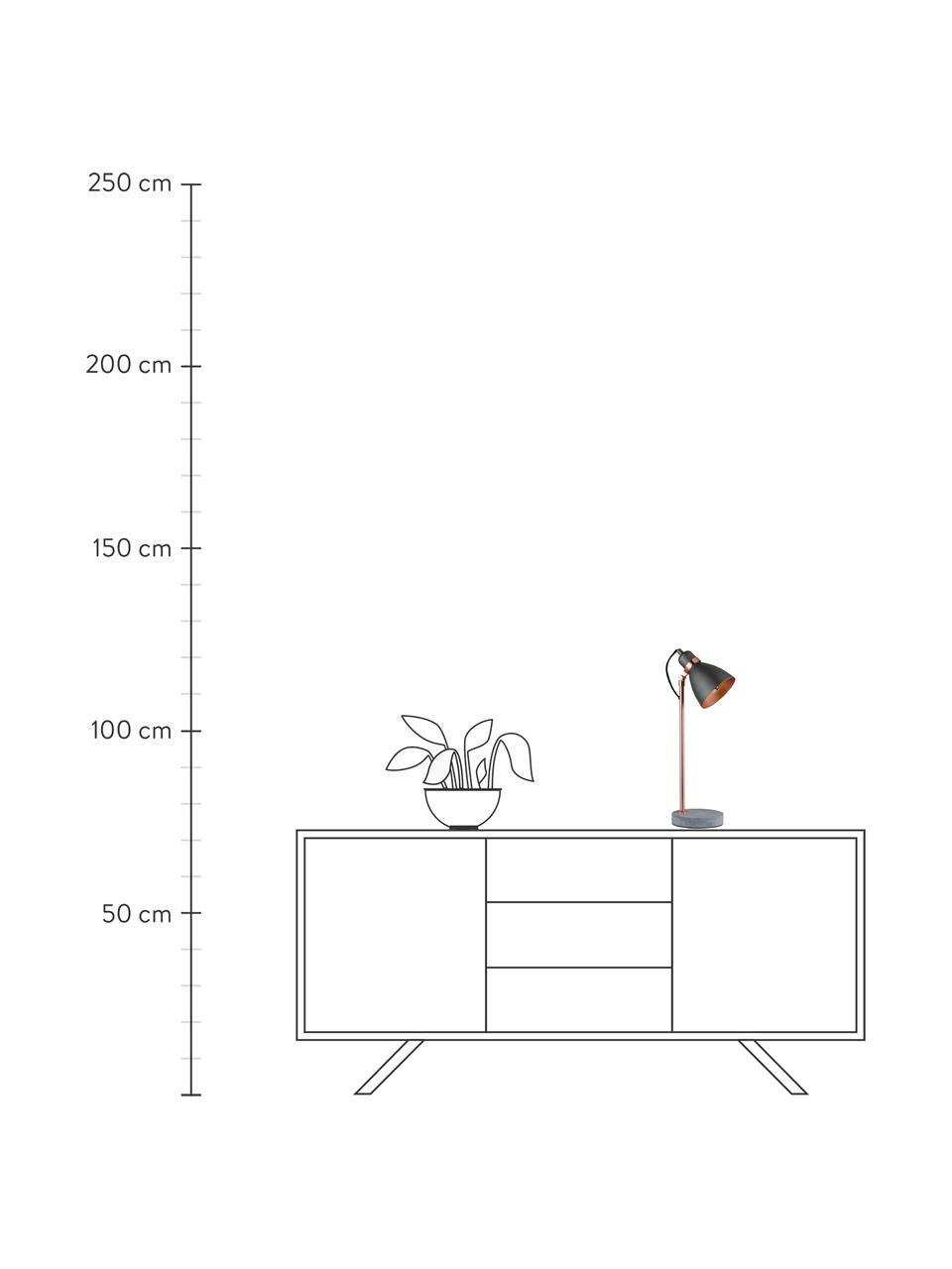 Grote tafellamp Orm met betonnen voet, Lampenkap: gecoat metaal, Stang: gecoat metaal, Lampvoet: beton, Koperkleurig, grijs, Ø 15 x H 50 cm