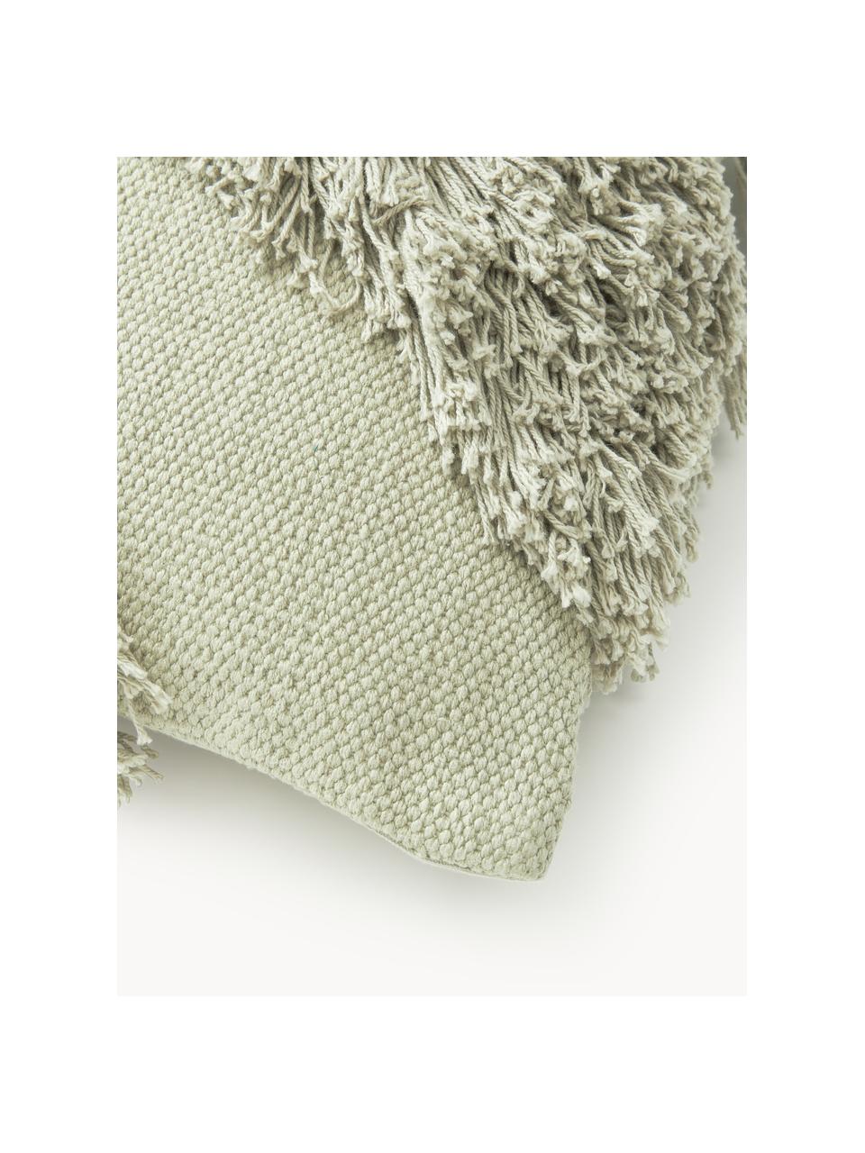 Baumwoll-Kissenhülle Inga mit Fransen-Motiv, 100 % Baumwolle, GRS-zertifiziert, Salbeigrün, B 45 x L 45 cm