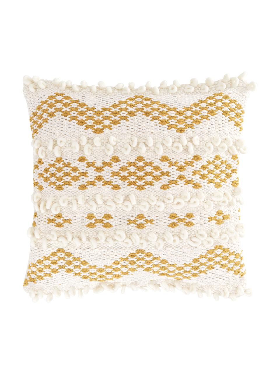 Poszewka na poduszkę w stylu boho Paco, 80% bawełna, 20% wełna, Biały, żółty, S 45 x D 45 cm