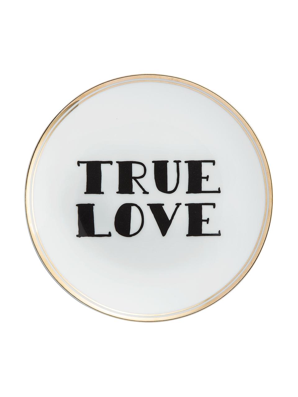 Porzellan-Frühstücksteller True Love mit Aufschrift und Goldrand, Porzellan, Weiß, Schwarz, Goldfarben, Ø 17 cm