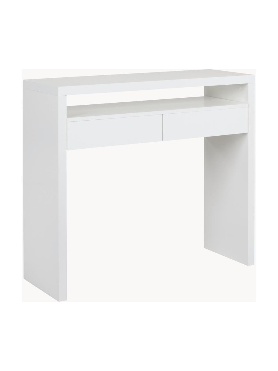 Escritorio estrecho extensible Teresa, Aglomerado con revestimiento de melamina (MFC), tablero de fibras de densidad media (MDF)

Este producto está hecho de madera de origen sostenible y con certificación FSC®., Blanco, An 100 x F 36 cm